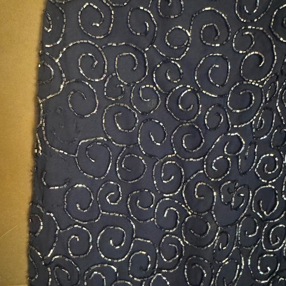 VINTAGE SILK CACHE Sequin 100% Silk Navy Blue Dress SM Formal Slit Floor Length - Picture 8 of 16